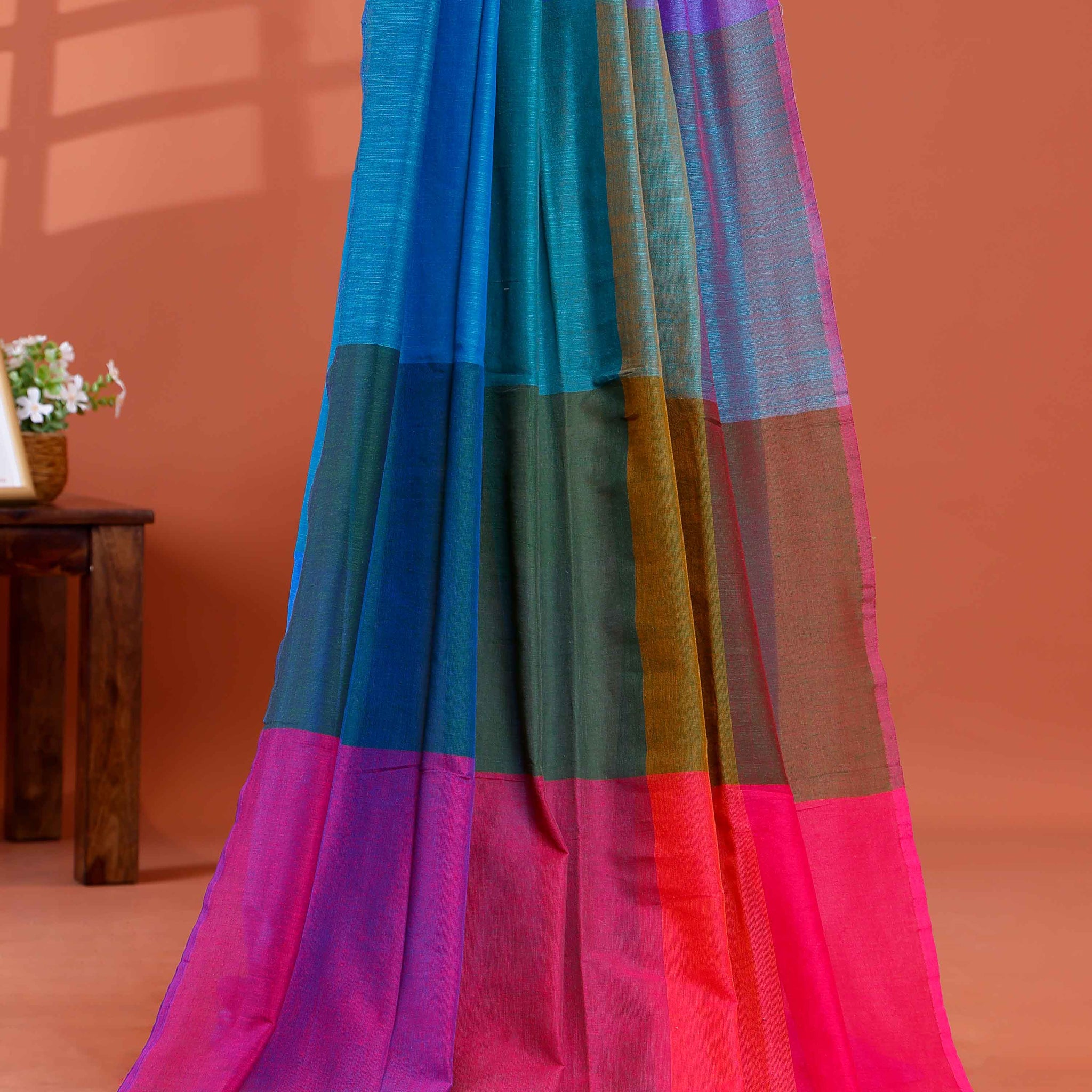 Handwoven Mul Mul Cotton Saree with Bold Striped Pattern and Tassel Detailing - Multi