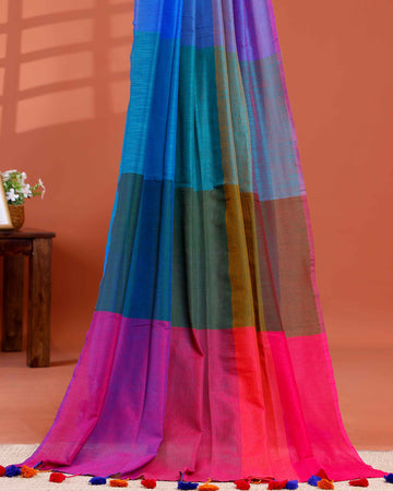 Handwoven Mul Mul Cotton Saree with Bold Striped Pattern and Tassel Detailing - Multi