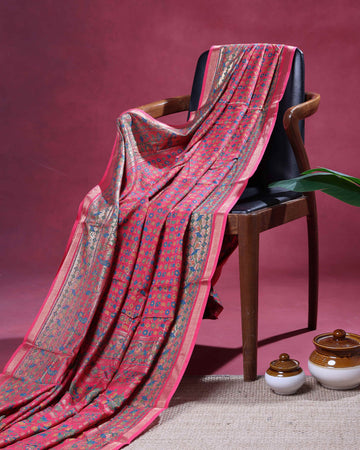 Elegant Art Silk Saree with Intricate Folk Inspired Allover Motifs and Traditional Woven Border  - Dark Pink