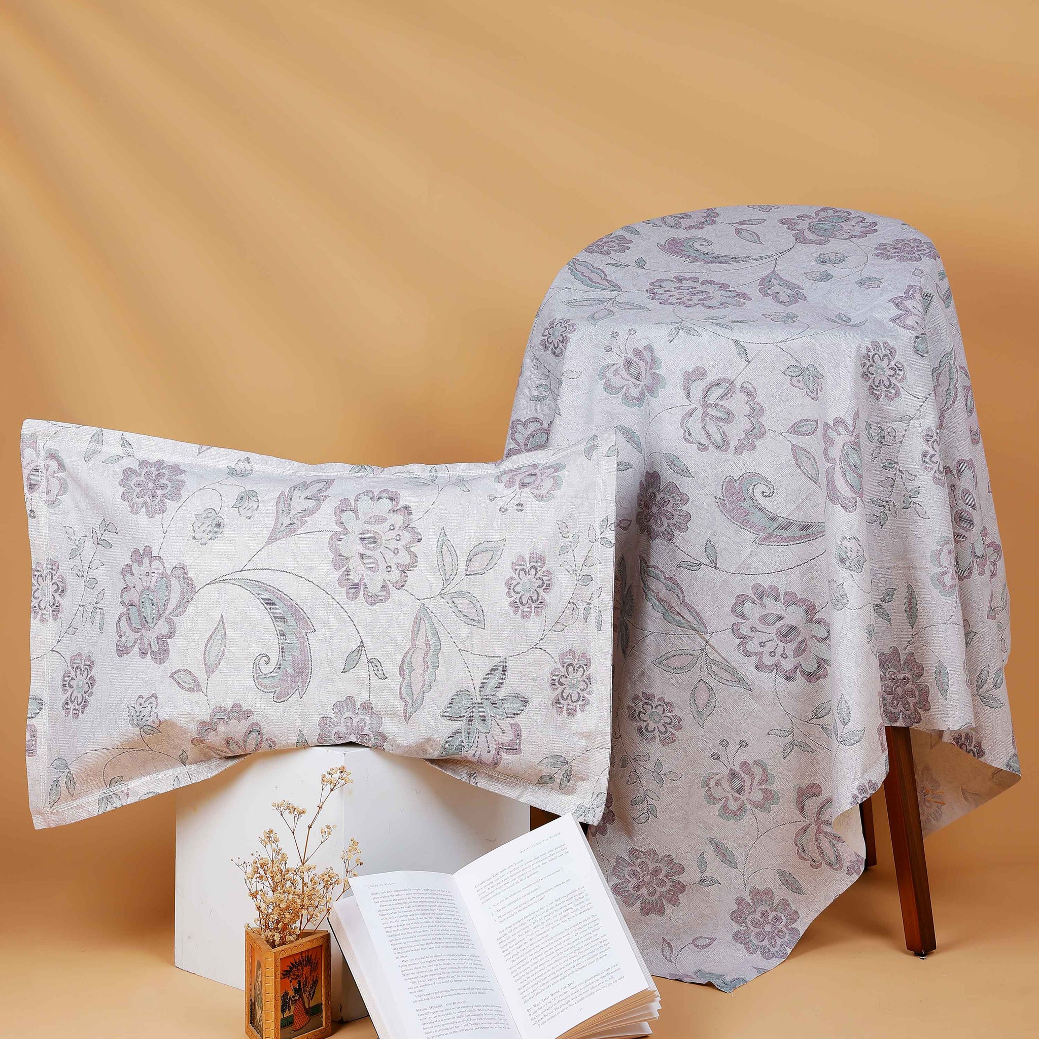 Floral Printed Cotton Bed Cover with Pillow Cover - Pastel Grey