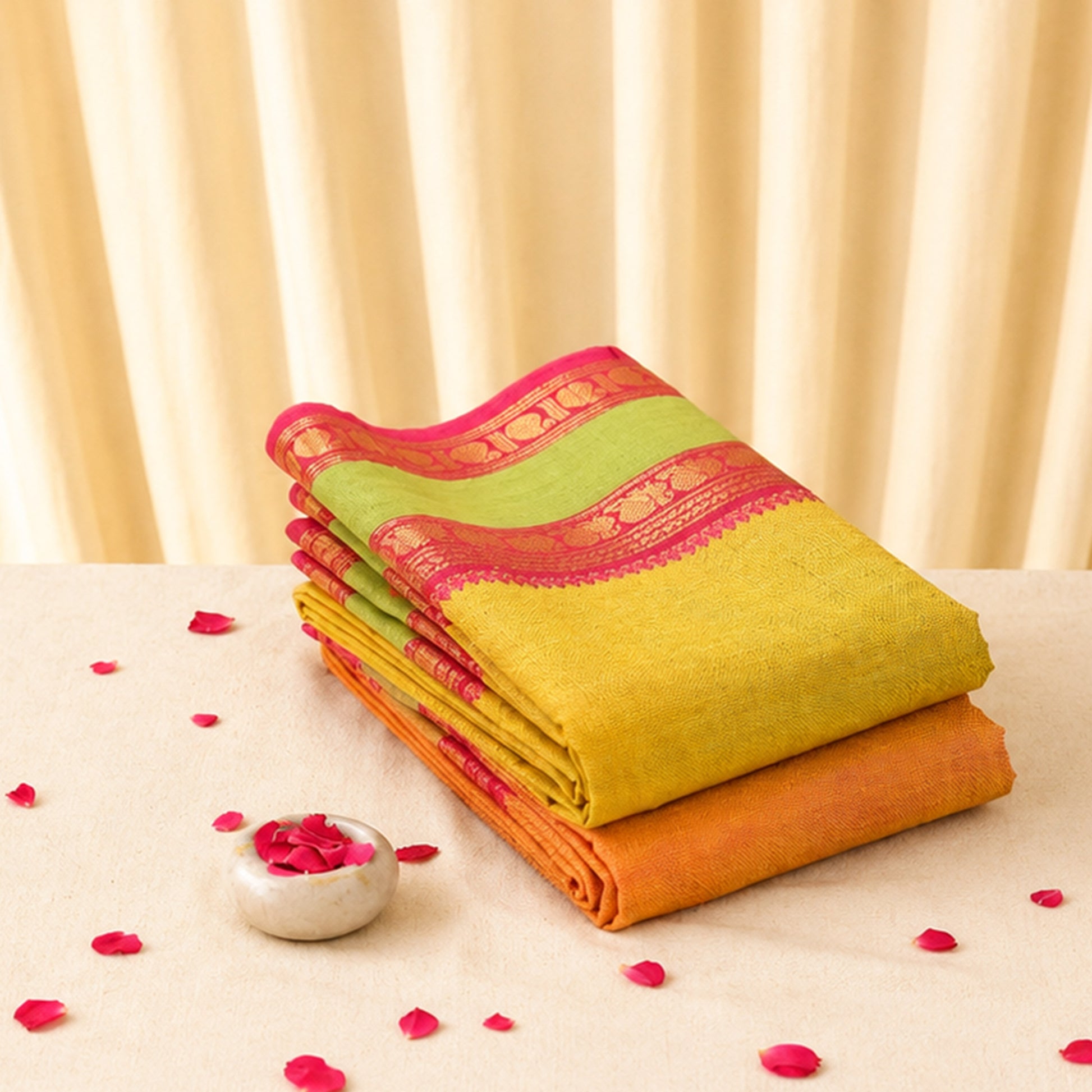Stacked Kanchi cotton sarees traditional zari borders and textured weave close up view