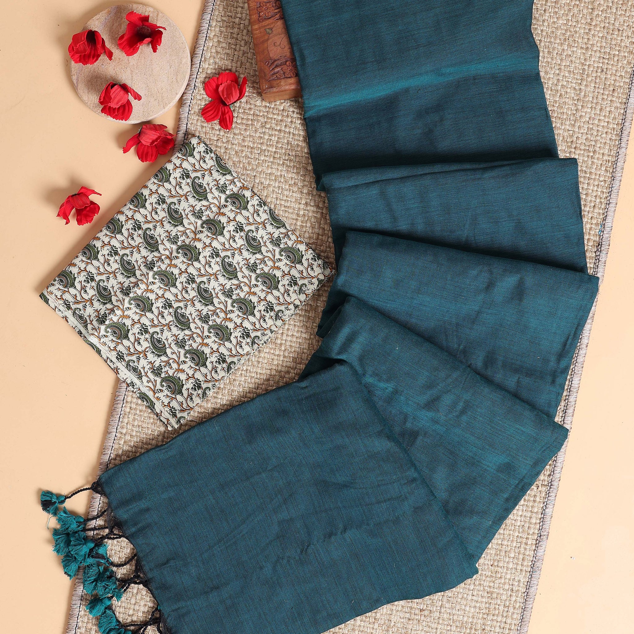 Handwoven Khadi Cotton Saree with Contrast Printed Blouse and Tassel Accents - Teal