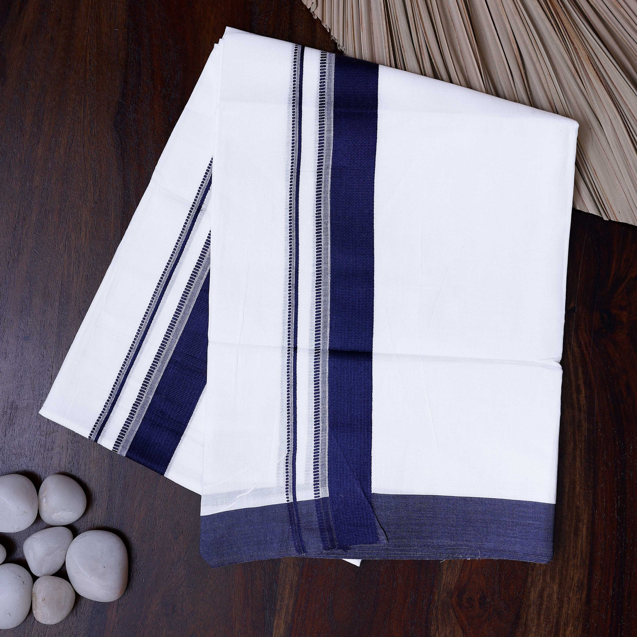 Men's Traditional Handwoven Cotton Dhoti with Navy Blue Border and Elegant Finish - White