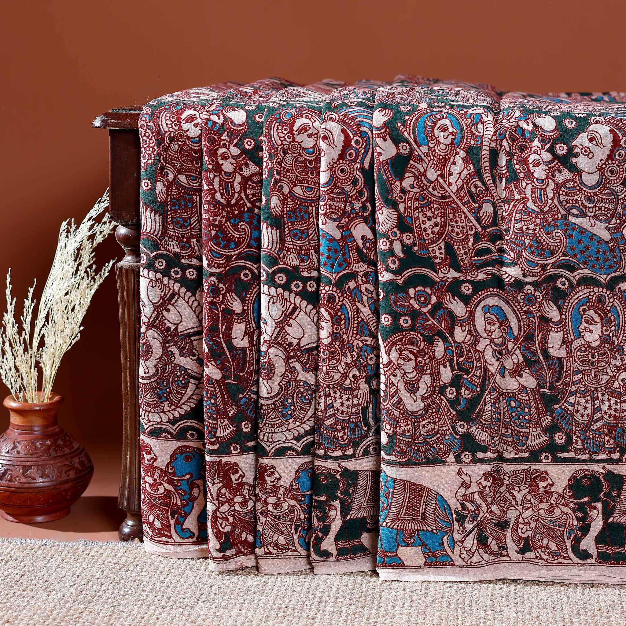 Traditional Handloom Kalamkari Cotton Saree with Intricate Floral and Avian Motifs - Brown