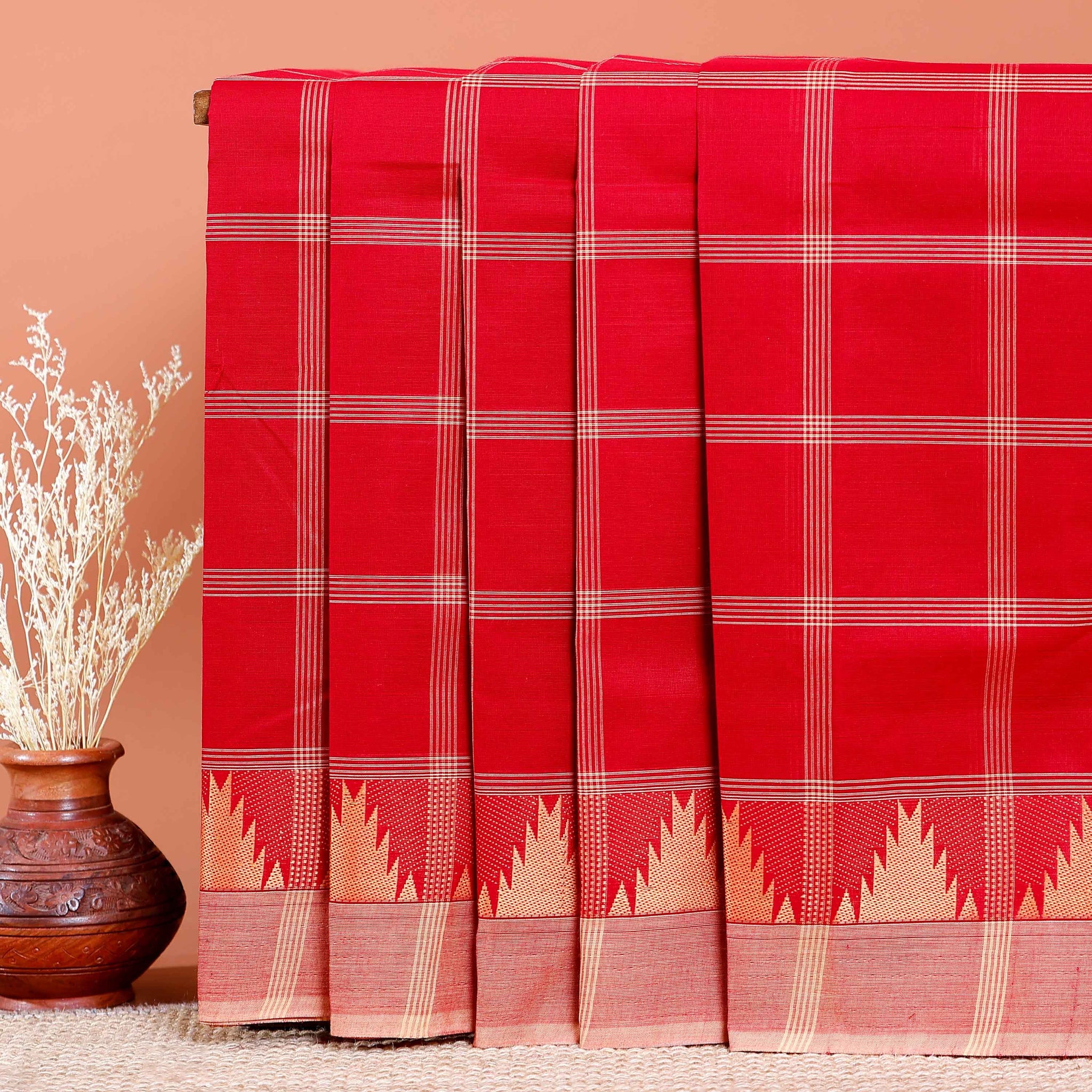 Traditional Chettinad Cotton Saree with Checked and Temple Border - Red