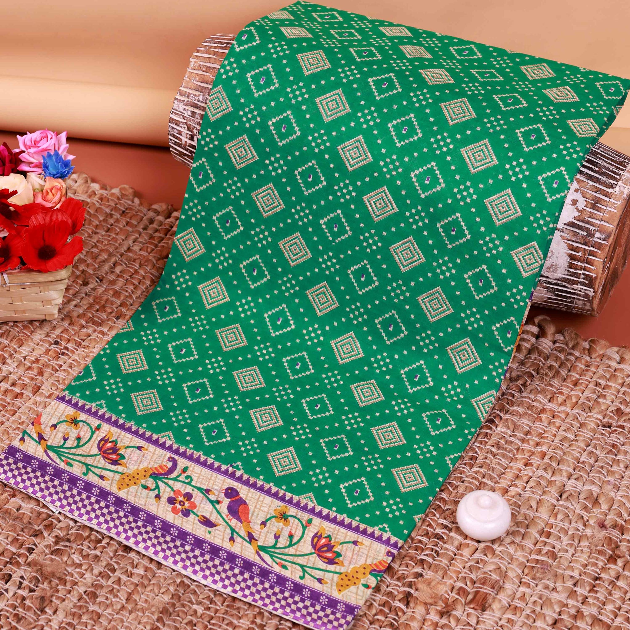 All-Over Floral Printed Voile Saree with Intricate Contrast Border – Green