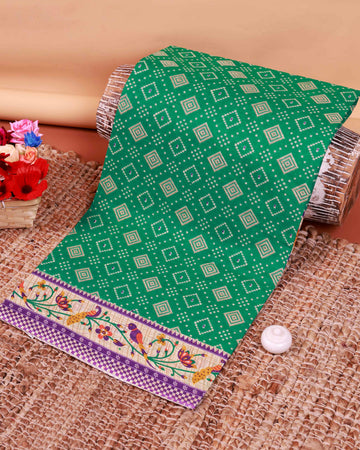 All-Over Floral Printed Voile Saree with Intricate Contrast Border – Green