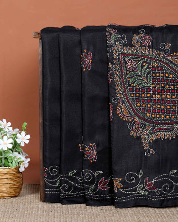 Elegant Hand Embroidered Kantha Work Saree with Intricate Floral and Paisley Motifs and Embroidered Border - Black
