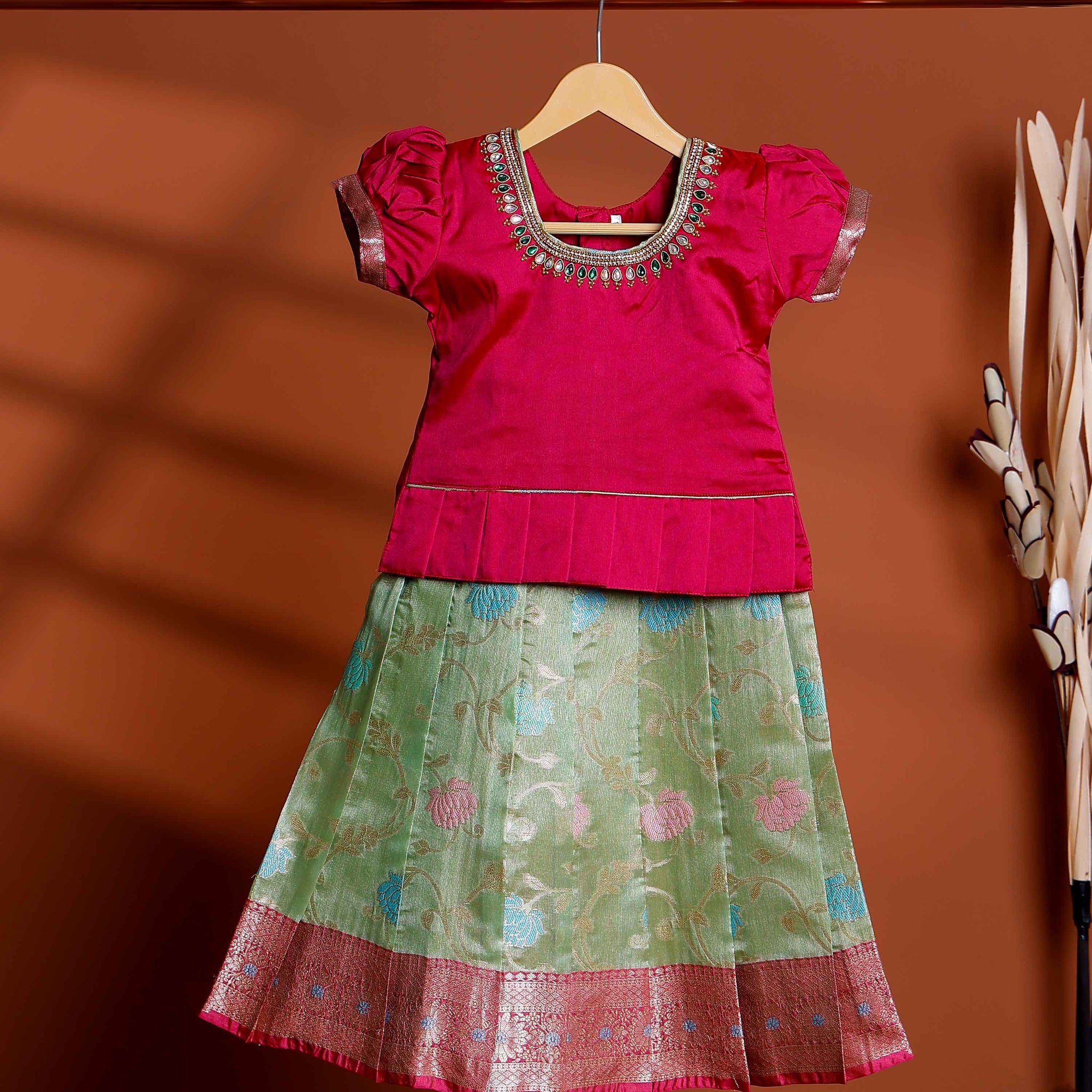 Kids Readymade Pattu Pavadai Set with Embellished Neck Puff Sleeve Blouse and Printed Silk Skirt - Purple