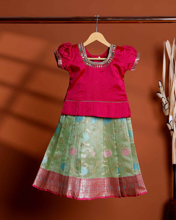 Kids Readymade Pattu Pavadai Set with Embellished Neck Puff Sleeve Blouse and Printed Silk Skirt - Purple