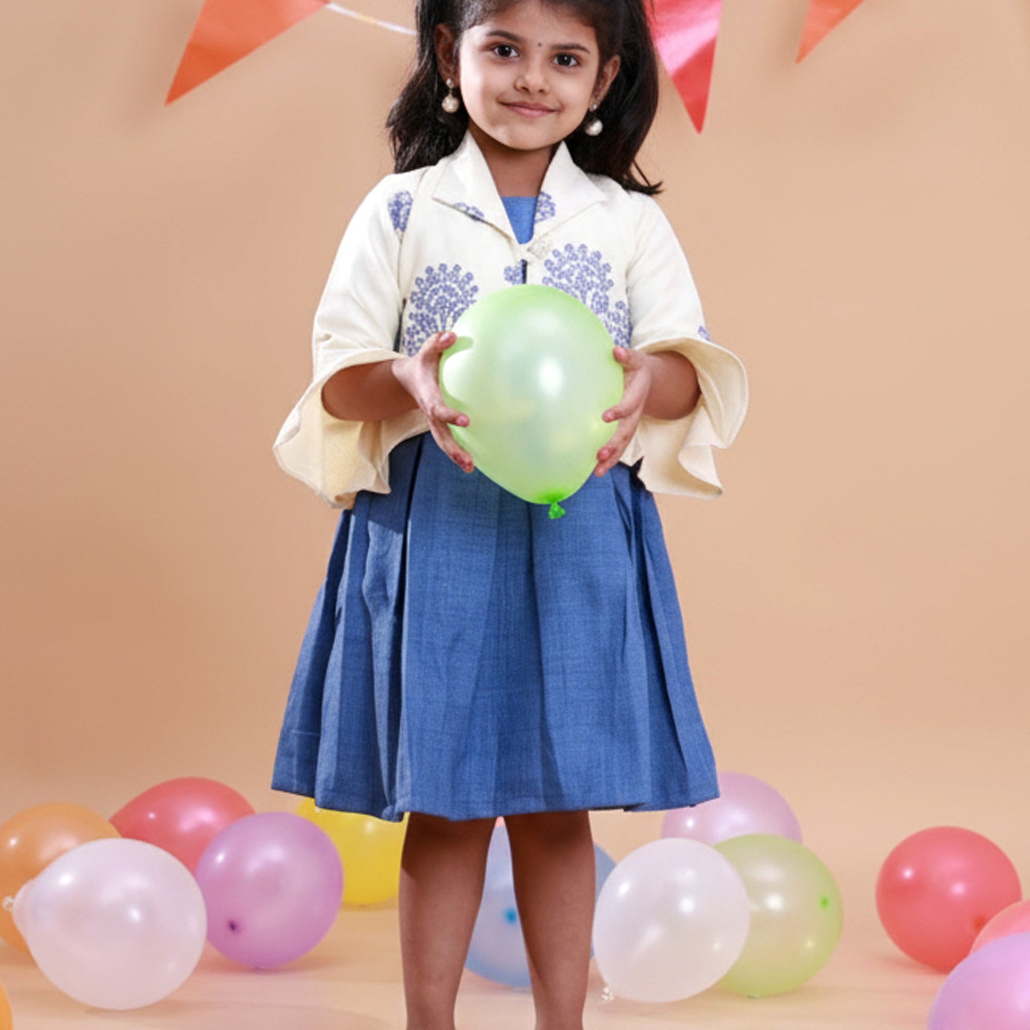 Elegant Kids' Ethnic Print Collared Frock with Pleated Skirt - Cream
