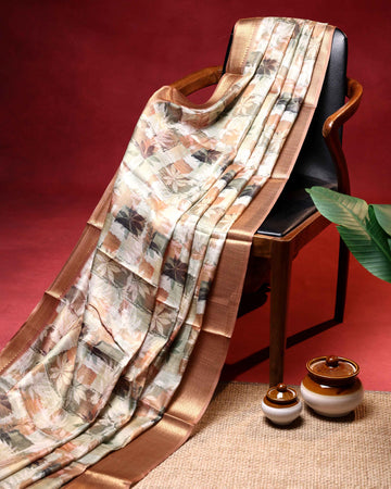 Traditional Linen Tissue Saree With Floral Print and Contrast Zari Border - Beige