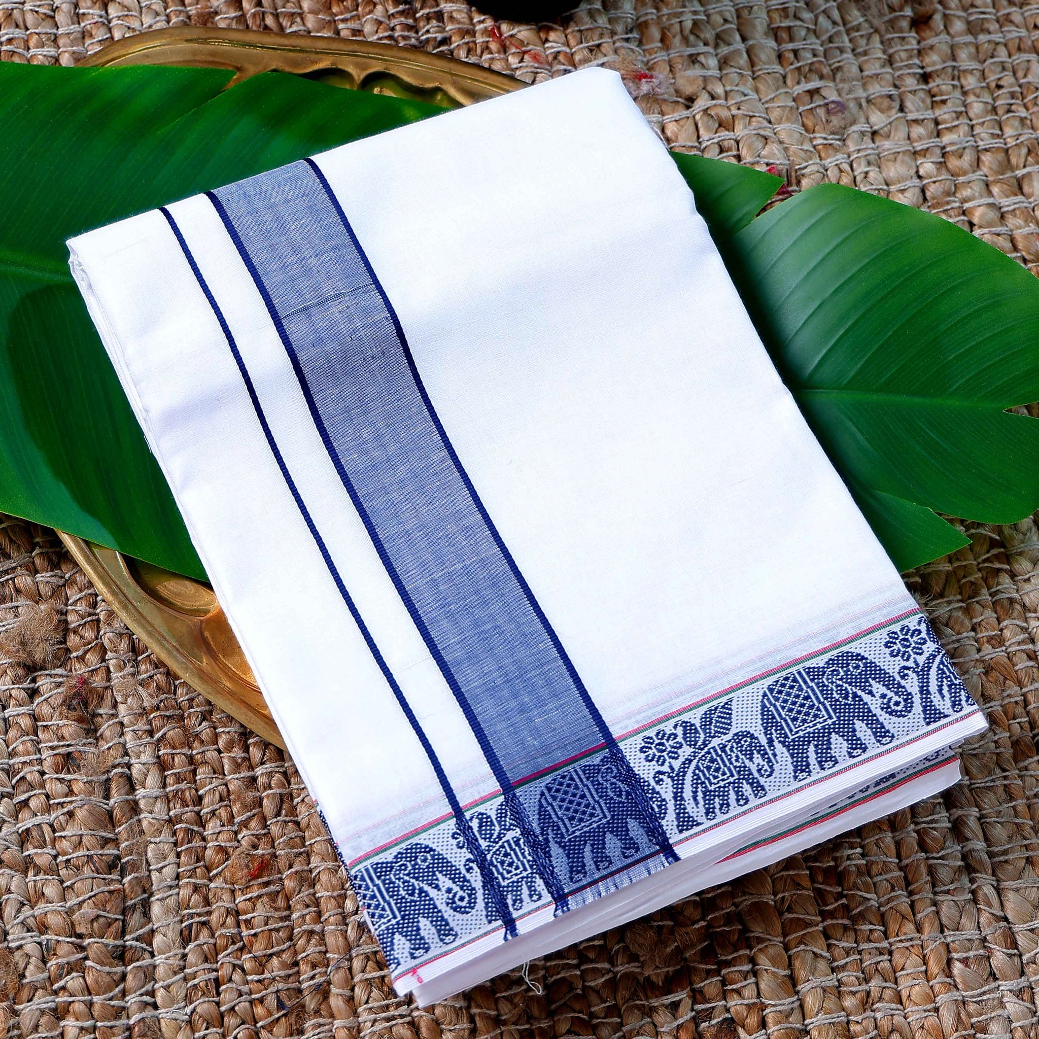 Men’s Cotton Dhoti with Blue Colour Border - White