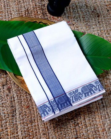Men’s Cotton Dhoti with Blue Colour Border - White