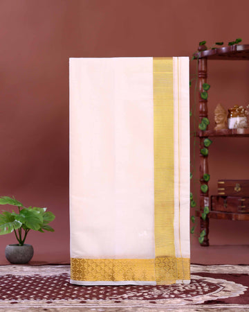 Traditional Men’s Handloom Cotton Dhoti 9*5 Meter with Gold Color Border – Off White