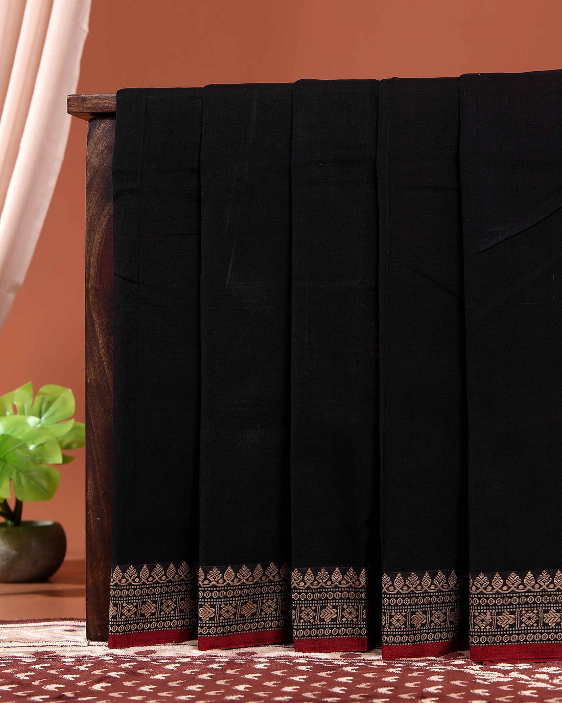 Traditional Narayanpet Cotton Saree with Traditional Zari Border & Temple Motif Detailing - Black