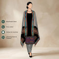 Black Salwar Suit Material With Gray Bottom Fabric And Colorful Ikat Dupatta - Front View
