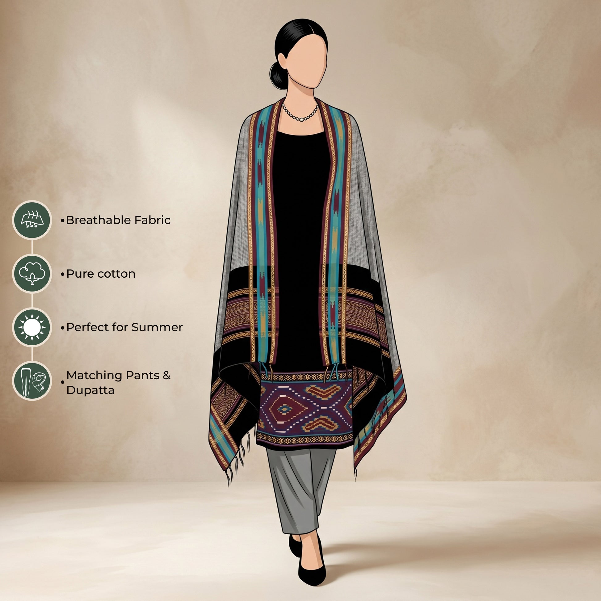 Black Salwar Suit Material With Gray Bottom Fabric And Colorful Ikat Dupatta - Front View
