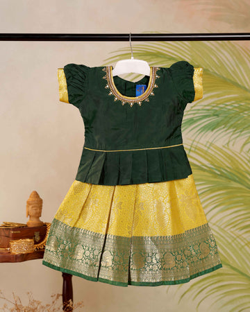 Elegant Kids Pattu Pavadai Readymade a Traditional Ethnic Gown with Zari Border & Puff Sleeves  - Bottle Green