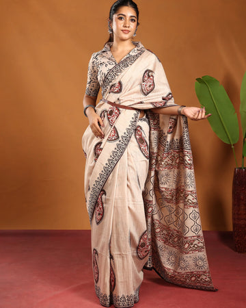 Bagru Hand Block Printed Pure Cotton Saree with Paisley Motifs and Intricate Floral Border - Beige