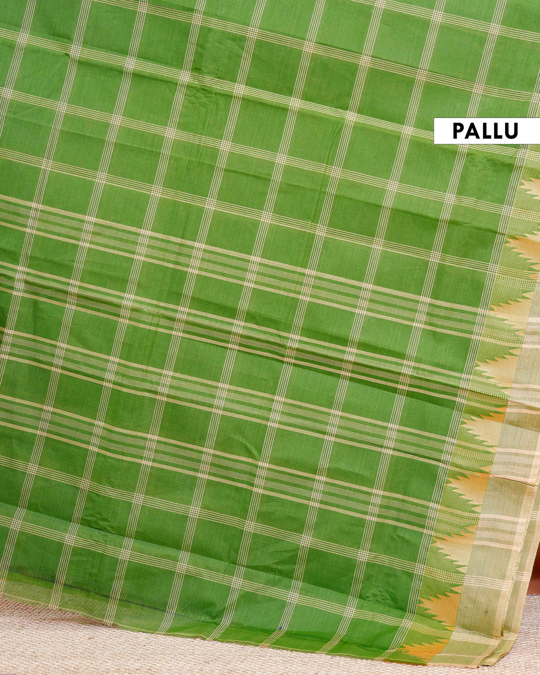Traditional Chettinad Cotton Saree with Checked and Temple Border - Green