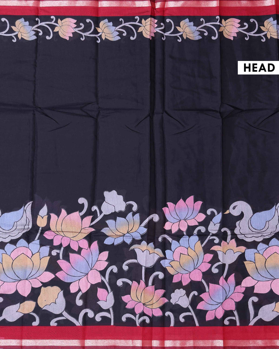 Elegant Semi Chanderi Saree with  Floral Motifs and A Plain Gold Woven Border - Black