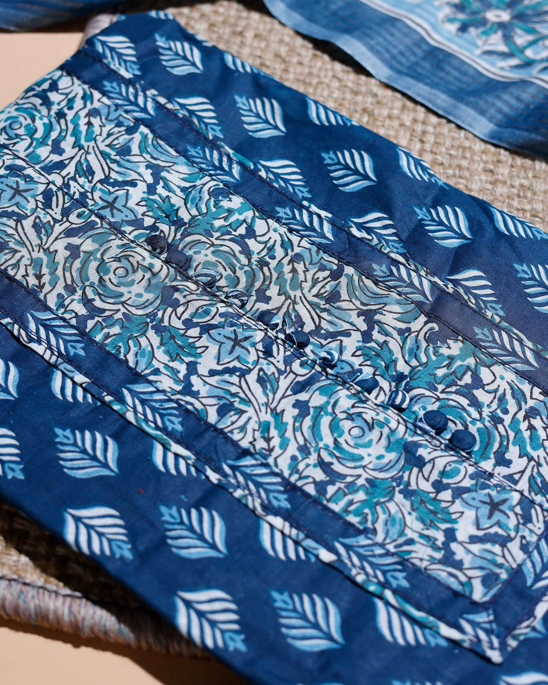 Women's Hand-Block Printed Floral and Leaf Motif Cotton Suit Set with Kota Doria Dupatta  - Blue
