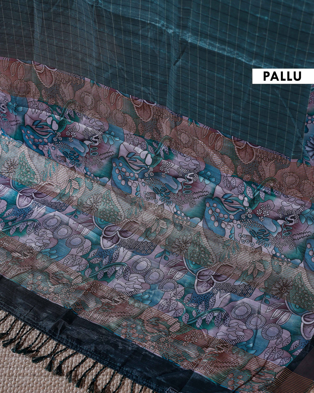 Elegant Semi Tussar Saree with Subtle Checkered Weave and Artistic Floral Patterned Border - Green