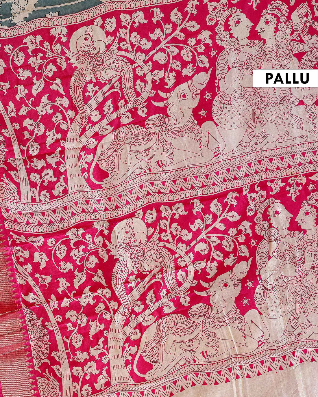 Traditional Mangalagiri Kalamkari Semi Silk Saree with Intricate Floral and Avian Motifs - Light Teal