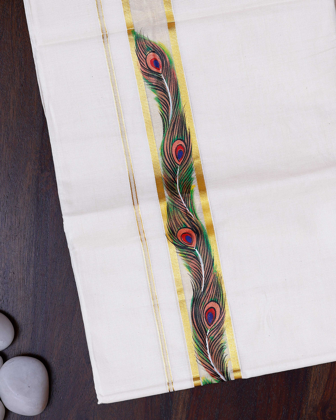 Men's Traditional Kathakali Mural Painted Kasavu Cotton Dhoti with Golden Kasavu Border - White