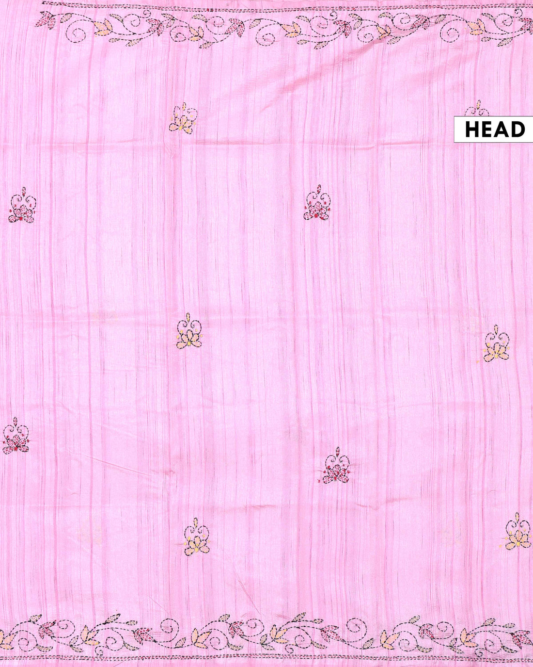 Elegant Hand Embroidered Kantha Work Saree with Intricate Floral and Paisley Motifs and Embroidered Border - Pink