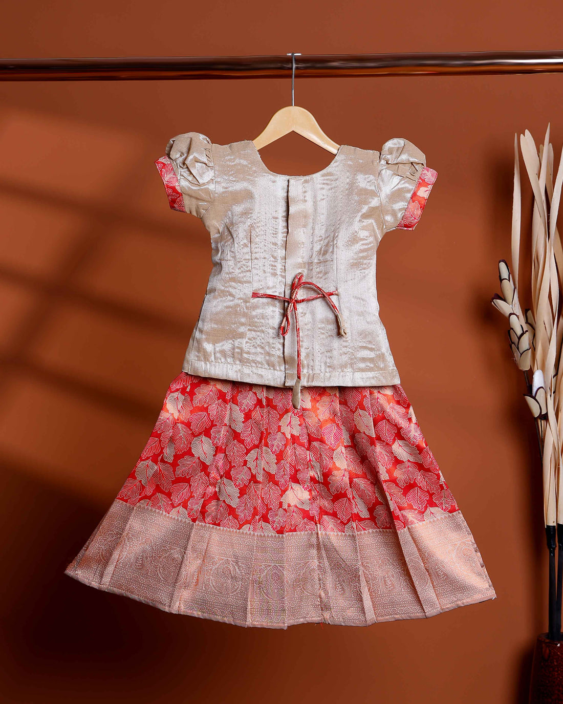 Kids Readymade Pattu Pavadai Set with Embellished Neck Puff Sleeve Blouse and Printed Silk Skirt - Gold