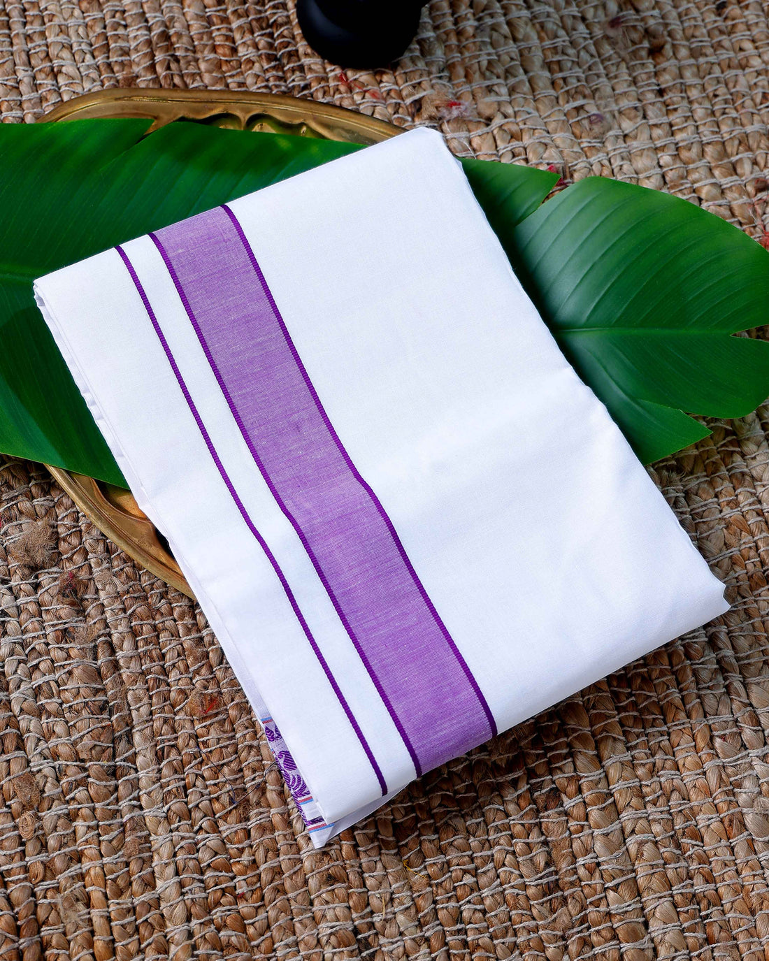 Men’s Cotton Dhoti with Violet Colour Border - White