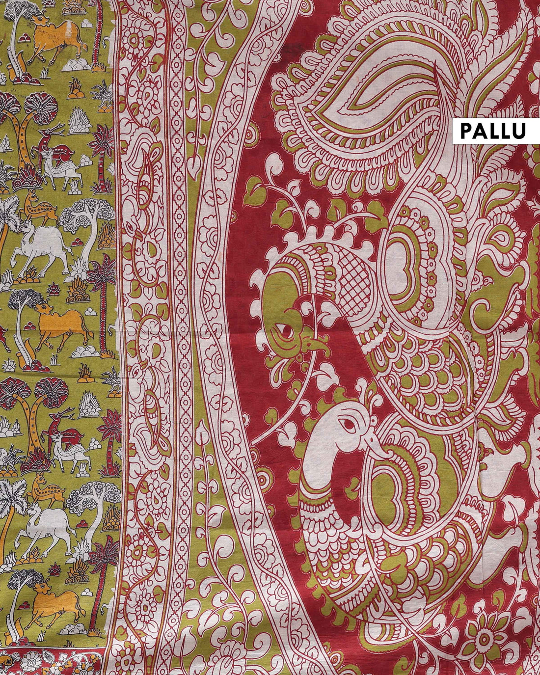 Handcrafted Traditional Kalamkari Cotton Saree with Nature & Wildlife Motifs - Green