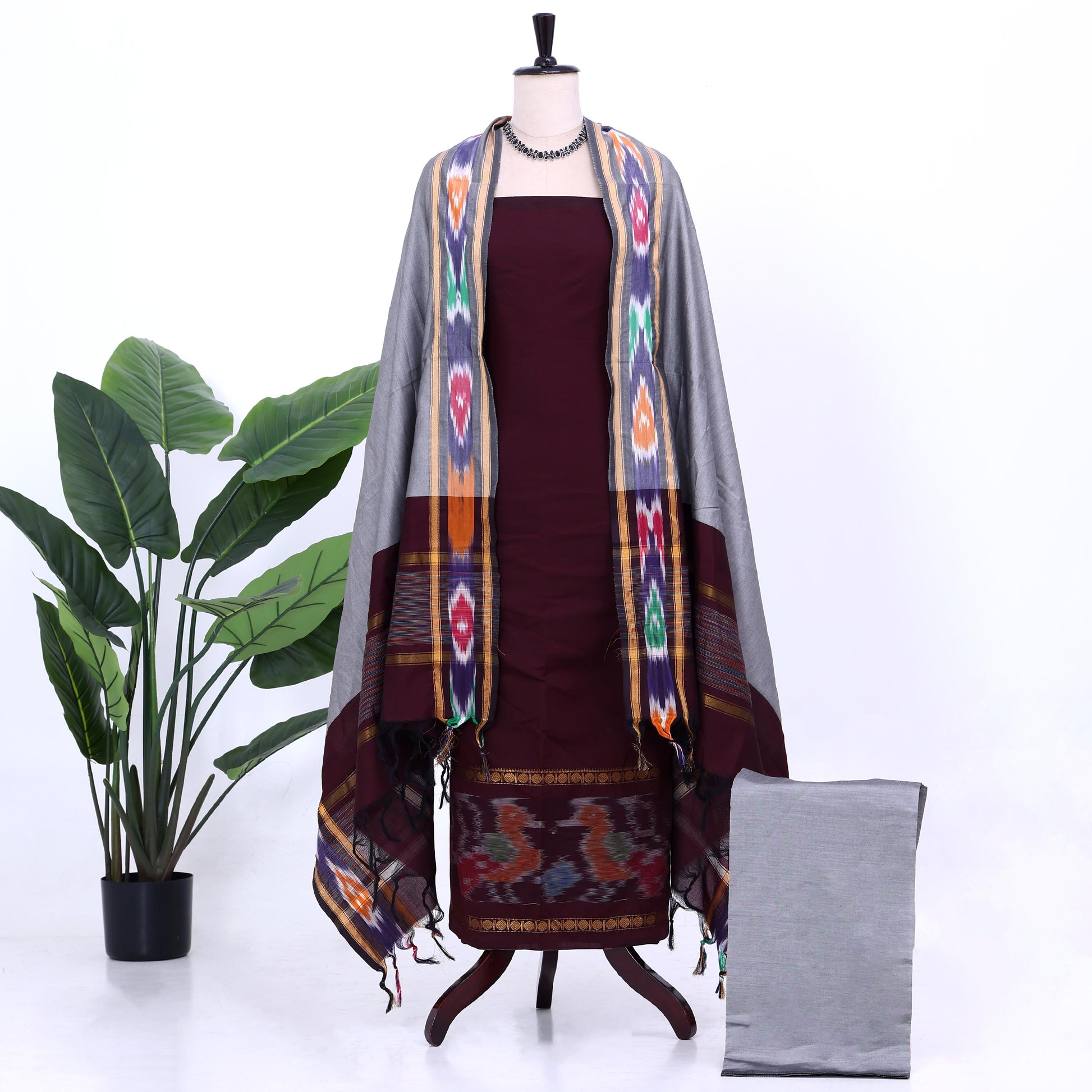 Dark Maroon Cotton Unstitched Salwar Material for Women | Ethnic Summer Collection | Jeyachandran - Full View