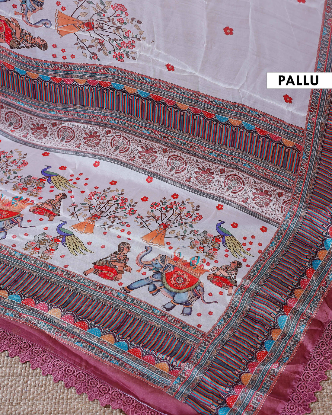 Designer Georgette Saree with Royal Procession Print and Intricately Woven Traditional Border - Cream