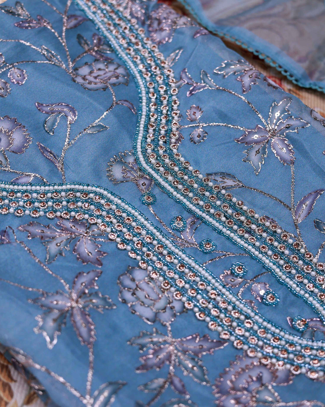 Women's Floral Embroidered Salwar Suit Material with Beaded Neckline and Net Dupatta - Blue
