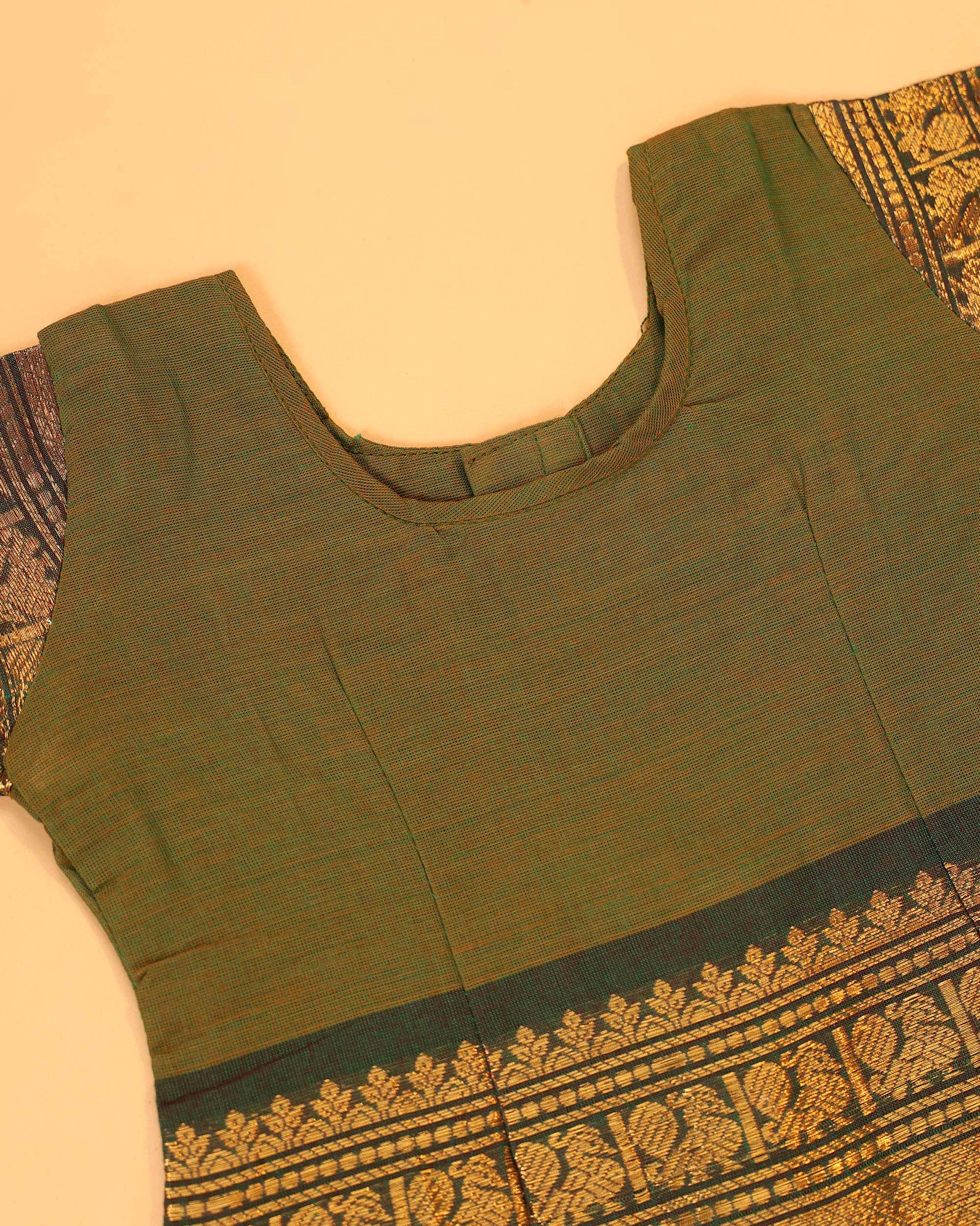 Classic Kids Pattu Pavadai Readymade a Traditional Ethnic Gown with Zari Border and Puff Sleeves, Light Green