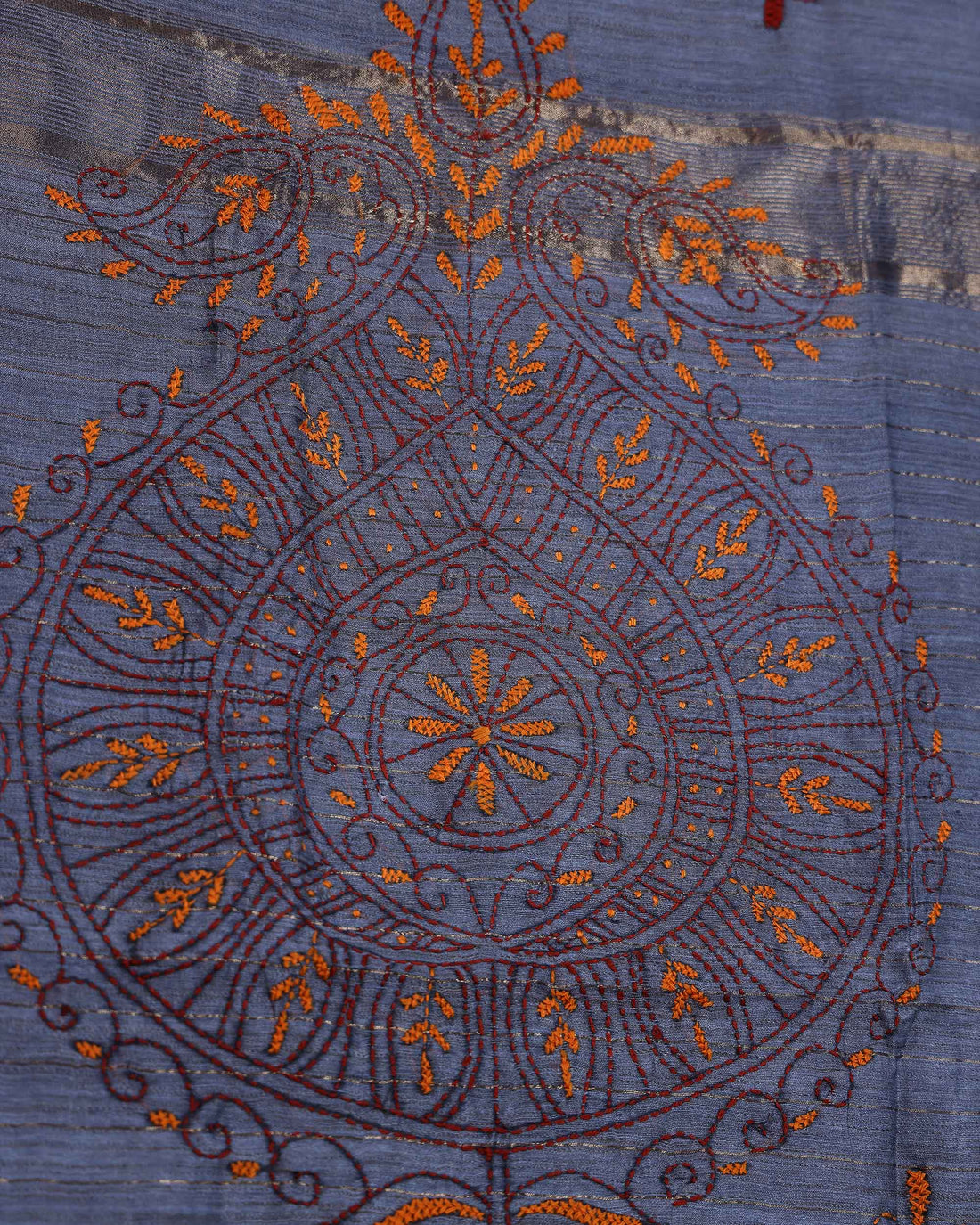 Elegant Kantha Hand Embroidered Saree with Intricate Floral Motif and Contrast Border - Grey