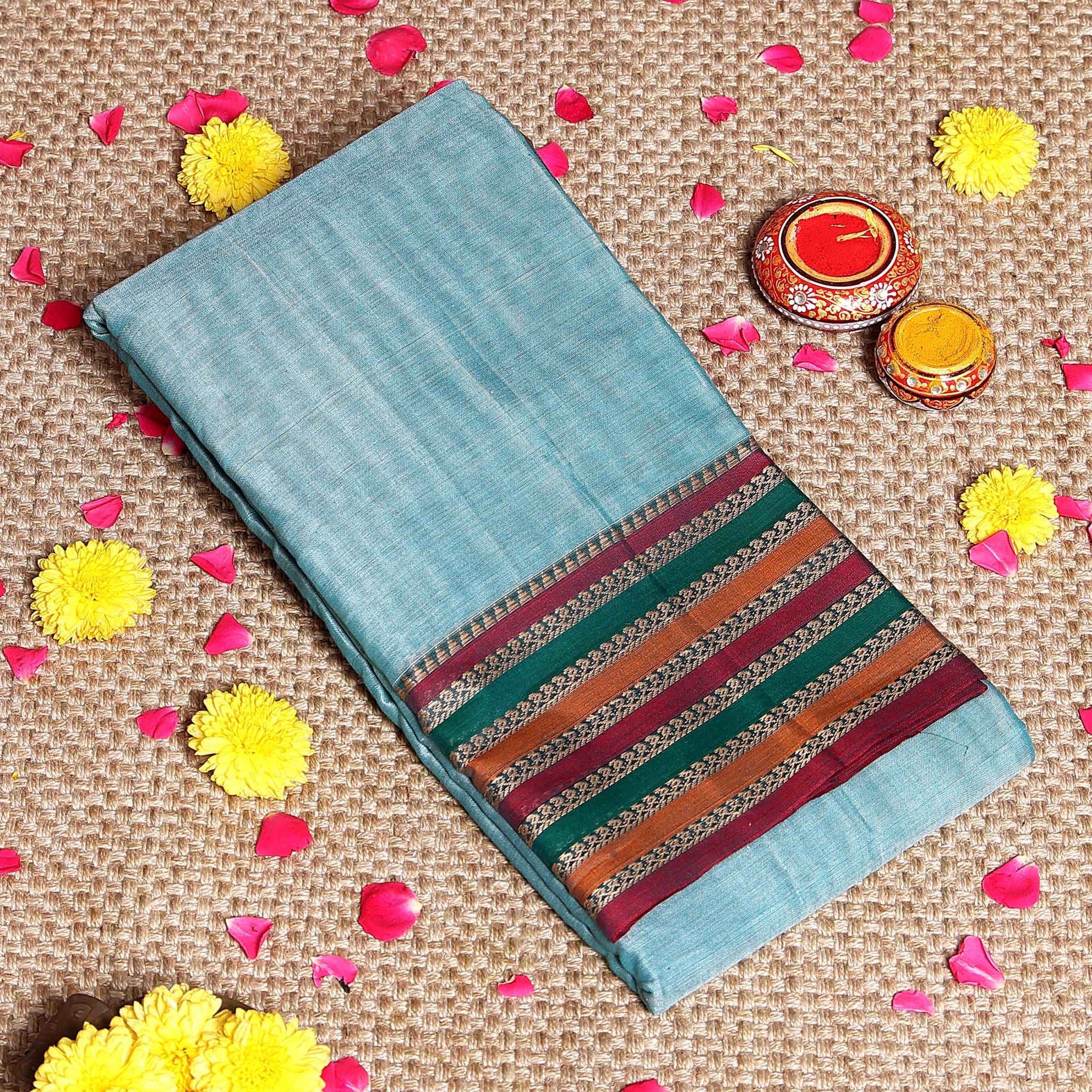 Traditional Narayanpet Cotton Saree Classic Temple Border and Striped Pallu - Light Blue