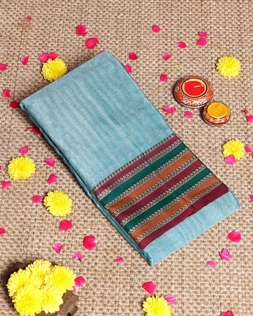 Traditional Narayanpet Cotton Saree Classic Temple Border and Striped Pallu - Light Blue