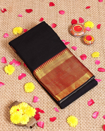 Traditional Handloom Narayanpet Cotton Saree with Traditional Contrast Zari Border - Black