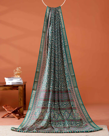 Elegant Art Silk Saree Traditional Floral and Ornate Geometric Motifs with Rich Zari Border - Green