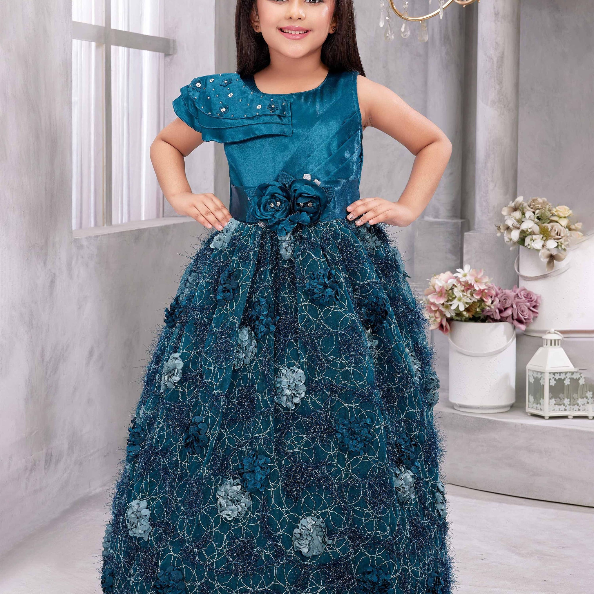 Teal Colored Floral Embroidered And Embellishment Work Frock