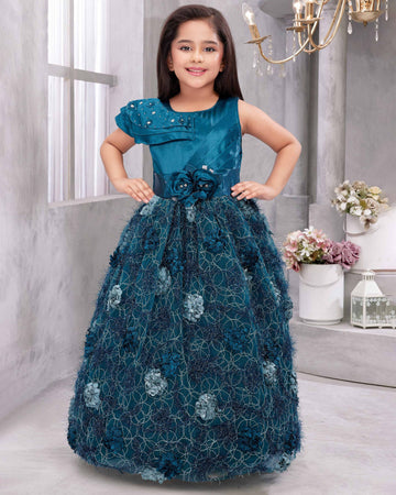 Teal Colored Floral Embroidered And Embellishment Work Frock
