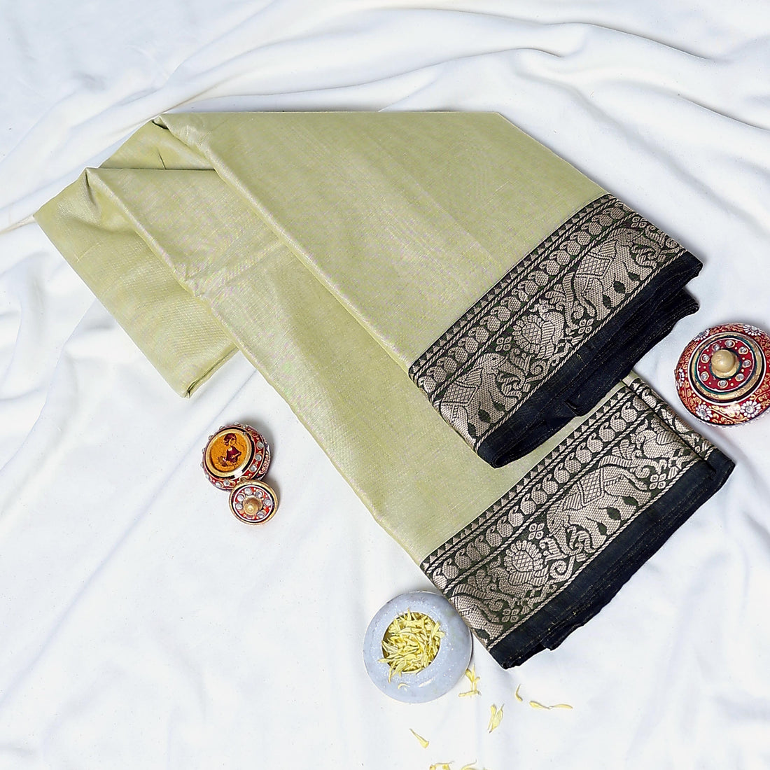 Mangalagiri Handloom Cotton Saree with Solid Body Peacock & Elephant Zari Woven Border - Full View