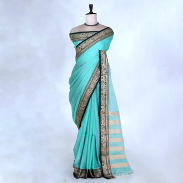 Aqua Blue Mangalagiri Cotton Saree for Women | Festive Summer Collection | Jeyachandran - Full View