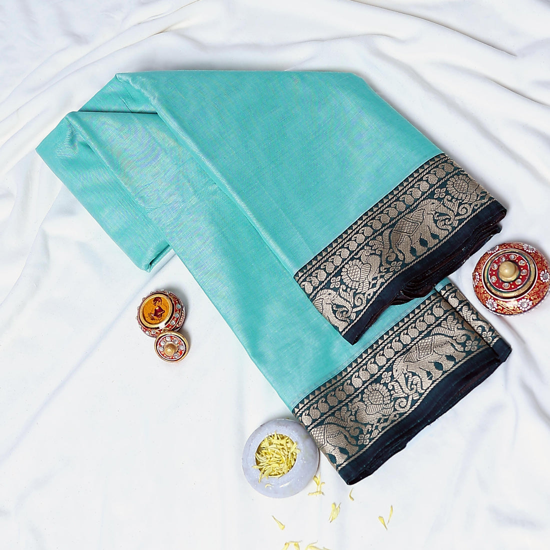 Aqua Blue Mangalagiri Cotton Saree for Women | Festive Summer Collection | Jeyachandran - Full View