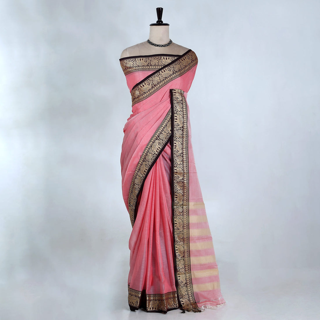 Mangalagiri Handloom Cotton Saree with Solid Body Peacock & Elephant Zari Woven Border - Full View