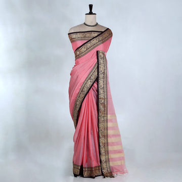 Mangalagiri Handloom Cotton Saree with Solid Body Peacock & Elephant Zari Woven Border - Full View